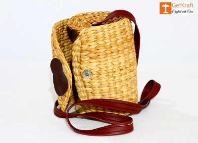 Natural Straw Cylindrical Barrel Bag With long Leather Belt(#1111)-gallery-2