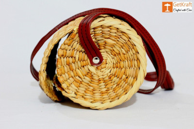 Natural Straw Cylindrical Barrel Bag With long Leather Belt(#1111)-gallery-3