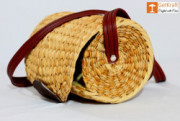 Natural Straw Cylindrical Barrel Bag With long Leather Belt(#1111) - Getkraft.com