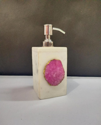 Unique Handicrafts Agate Stone Liquid Dispenser Hand wash soapShampooLotion Dispenser for Designer Bathroom Home Decor 3x3x5 inch (White with pink Agate Stone)(#1619)-gallery-2