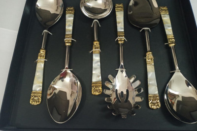 Unique Handicrafts Designer Stainless Steel Brass MOP (Mother of Pearl) 6 Piece Stainless Steel and Brass Serving Spoon Set (Silver and Ivory) S6 ((Silver and Ivory))(#1632)-gallery-1