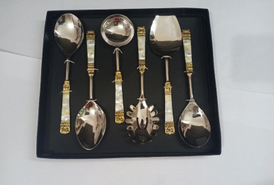 Unique Handicrafts Designer Stainless Steel Brass MOP (Mother of Pearl) 6 Piece Stainless Steel and Brass Serving Spoon Set (Silver and Ivory) S6 ((Silver and Ivory))(#1632)-gallery-2