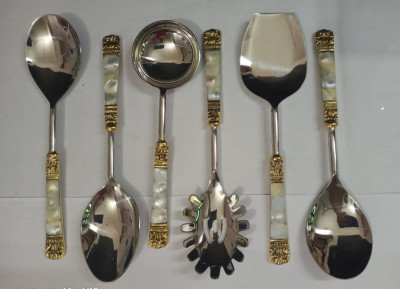 Unique Handicrafts Designer Stainless Steel Brass MOP (Mother of Pearl) 6 Piece Stainless Steel and Brass Serving Spoon Set (Silver and Ivory) S6 ((Silver and Ivory))(#1632)-gallery-3