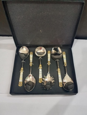 Unique Handicrafts Designer Stainless Steel Brass MOP (Mother of Pearl) 6 Piece Stainless Steel and Brass Serving Spoon Set (Silver and Ivory) S6 ((Silver and Ivory))(#1632)-gallery-4