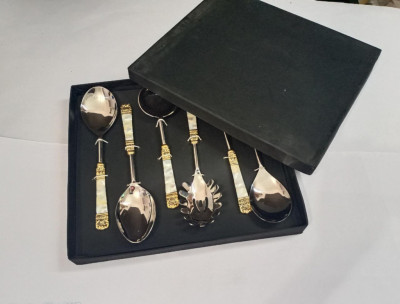 Unique Handicrafts Designer Stainless Steel Brass MOP (Mother of Pearl) 6 Piece Stainless Steel and Brass Serving Spoon Set (Silver and Ivory) S6 ((Silver and Ivory))(#1632)-gallery-5