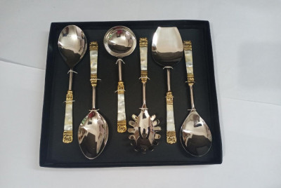Unique Handicrafts Designer Stainless Steel Brass MOP (Mother of Pearl) 6 Piece Stainless Steel and Brass Serving Spoon Set (Silver and Ivory) S6 ((Silver and Ivory))(#1632)-gallery-6