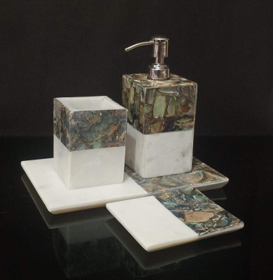 Unique Handicrafts Marble Mother of Pearl Bathroom Set of 4 PC - Liquid Soap Dispenser Brush Holder Tray soap Dish Best for Gifting (Design-3)(#1634)-gallery-1