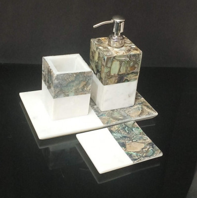 Unique Handicrafts Marble Mother of Pearl Bathroom Set of 4 PC - Liquid Soap Dispenser Brush Holder Tray soap Dish Best for Gifting (Design-3)(#1634)-gallery-2