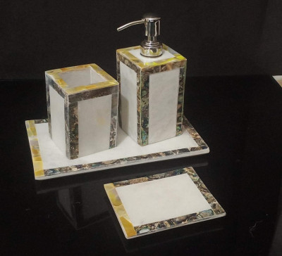 Unique Handicrafts Mother of Pearl Bathroom Set of 4 PCs - Liquid Soap Dispenser Brush Holder Tray soap Dish Best for Gifting(#1635)-gallery-0