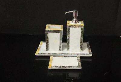 Unique Handicrafts Mother of Pearl Bathroom Set of 4 PCs - Liquid Soap Dispenser Brush Holder Tray soap Dish Best for Gifting(#1635)-gallery-1