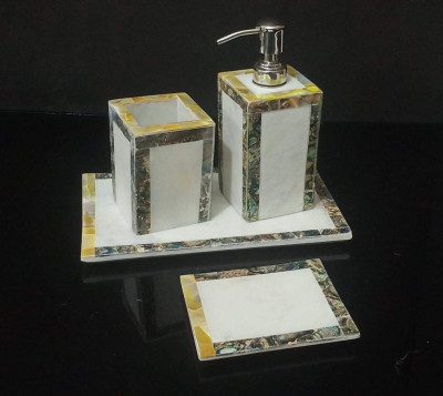 Unique Handicrafts Mother of Pearl Bathroom Set of 4 PCs - Liquid Soap Dispenser Brush Holder Tray soap Dish Best for Gifting(#1635)-gallery-3