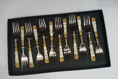 Unique Handicrafts Stainless Steel Brass MOP (Mother of Pearl) 12 pcs Forks Cutlery Set (White) - 12 Pcs ((Silver and Ivory))(#1636)-gallery-1