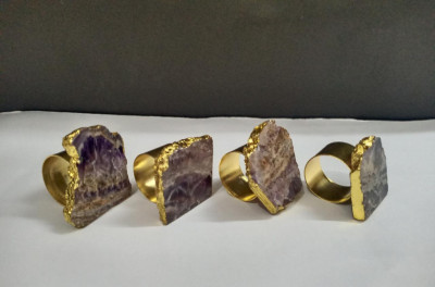 Unique Handicrafts Natural Agate Stone Gold Foiled Edges Napkin Rings Natural Shape Table Decor Housewarming Gift Set of 4-2 to 25 inch (Amethyst with Golden Ring)(#1637)-gallery-2