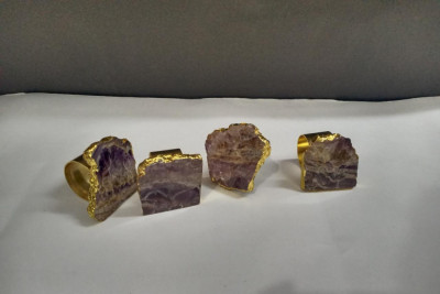 Unique Handicrafts Natural Agate Stone Gold Foiled Edges Napkin Rings Natural Shape Table Decor Housewarming Gift Set of 4-2 to 25 inch (Amethyst with Golden Ring)(#1637)-gallery-3