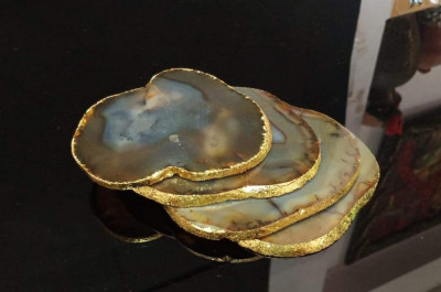 Unique Handicrafts Brown Agate Tea Coaster Set of 4 pcs with Gold Electroplating (Pack-1 Brown Agate)(#1639)-gallery-1