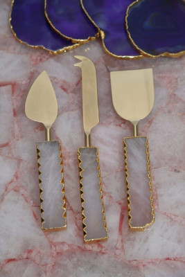 Unique Handicrafts Brass and Semi Precious Stone Agate Cheese Cutlery Length 23 cm (Pack-9)(#1643)-gallery-1