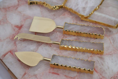 Unique Handicrafts Brass and Semi Precious Stone Agate Cheese Cutlery Length 23 cm (Pack-9)(#1643)-gallery-2