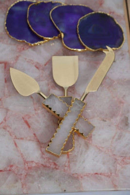 Unique Handicrafts Brass and Semi Precious Stone Agate Cheese Cutlery Length 23 cm (Pack-9)(#1643)-gallery-3