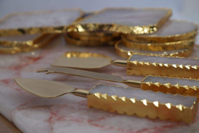 Unique Handicrafts Brass and Semi Precious Stone Agate Cheese Cutlery Length 23 cm (Pack-9)(#1643)-gallery-4