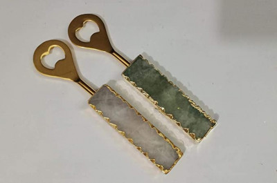 Unique Handicrafts Agate Bottle Opener Slight Variation in White Quartz Agate Stone Gold Electroplating Metal-Gold Plating Stainless Steel (6x1x15) (Green Jasper Agate)(#1646)-gallery-1