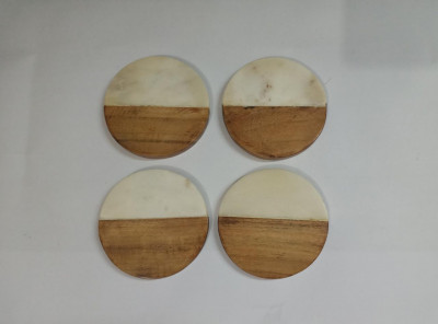 Unique Handicrafts Half Marble Wooden Mix Coasters for Home Kitchen Office Desk Table Decor Set of 4 pcs (WhiteWood Round Shape) Brand Generic(#1647)-gallery-0