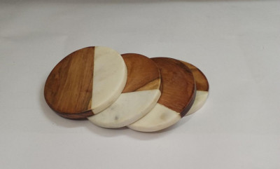 Unique Handicrafts Half Marble Wooden Mix Coasters for Home Kitchen Office Desk Table Decor Set of 4 pcs (WhiteWood Round Shape) Brand Generic(#1647)-gallery-1
