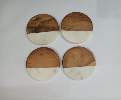 Unique Handicrafts Half Marble Wooden Mix Coasters for Home Kitchen Office Desk Table Decor Set of 4 pcs (WhiteWood Round Shape) Brand Generic(#1647)-gallery-2
