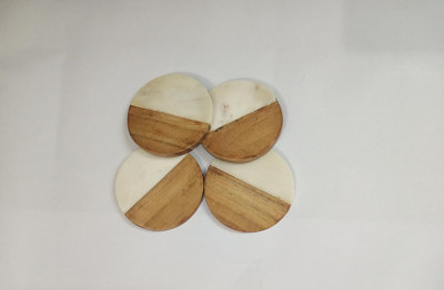 Unique Handicrafts Half Marble Wooden Mix Coasters for Home Kitchen Office Desk Table Decor Set of 4 pcs (WhiteWood Round Shape) Brand Generic(#1647)-gallery-5