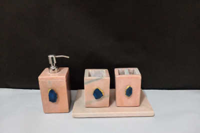 Unique Handicrafts Bathroom Accessory Set Natural Marble Agate Stone 1-2 inch Bath Accessories Set of 4 Includes Soap Dispenser Toothbrush Holder Tray Tumbler Bathroom Set(#1662)-gallery-1
