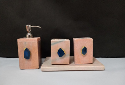Unique Handicrafts Bathroom Accessory Set Natural Marble Agate Stone 1-2 inch Bath Accessories Set of 4 Includes Soap Dispenser Toothbrush Holder Tray Tumbler Bathroom Set(#1662)-gallery-2