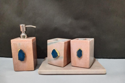 Unique Handicrafts Bathroom Accessory Set Natural Marble Agate Stone 1-2 inch Bath Accessories Set of 4 Includes Soap Dispenser Toothbrush Holder Tray Tumbler Bathroom Set(#1662)-gallery-4