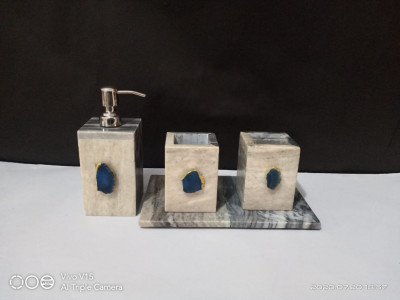 Unique Handicrafts Bathroom Accessory Set Natural Marble Agate Stone 1-2 inch Bath Accessories Set of 4 Includes Soap Dispenser Toothbrush Holder Tray Tumbler Bathroom Set(#1663)-gallery-0