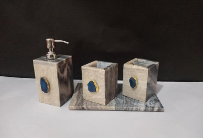 Unique Handicrafts Bathroom Accessory Set Natural Marble Agate Stone 1-2 inch Bath Accessories Set of 4 Includes Soap Dispenser Toothbrush Holder Tray Tumbler Bathroom Set(#1663)-gallery-1