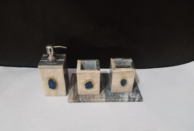 Unique Handicrafts Bathroom Accessory Set Natural Marble Agate Stone 1-2 inch Bath Accessories Set of 4 Includes Soap Dispenser Toothbrush Holder Tray Tumbler Bathroom Set(#1663)-gallery-2