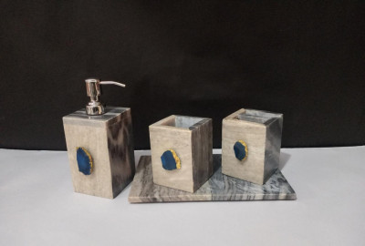 Unique Handicrafts Bathroom Accessory Set Natural Marble Agate Stone 1-2 inch Bath Accessories Set of 4 Includes Soap Dispenser Toothbrush Holder Tray Tumbler Bathroom Set(#1663)-gallery-3