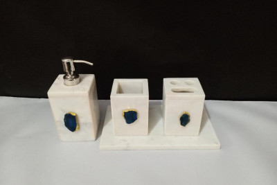 Unique Handicrafts Bathroom Accessory Set Natural Marble Agate Stone 1-2 inch Bath Accessories Set of 4 Includes Soap Dispenser Toothbrush Holder Tray Tumbler Bathroom Set (White)(#1664)-gallery-1