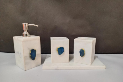 Unique Handicrafts Bathroom Accessory Set Natural Marble Agate Stone 1-2 inch Bath Accessories Set of 4 Includes Soap Dispenser Toothbrush Holder Tray Tumbler Bathroom Set (White)(#1664)-gallery-2