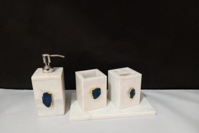 Unique Handicrafts Bathroom Accessory Set Natural Marble Agate Stone 1-2 inch Bath Accessories Set of 4 Includes Soap Dispenser Toothbrush Holder Tray Tumbler Bathroom Set (White)(#1664)-gallery-3