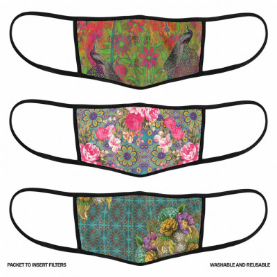 3 Layer Printed Protective Face Mask - Pack of 3 (Peacock-Sea Green-Pink)(#1706)-gallery-1