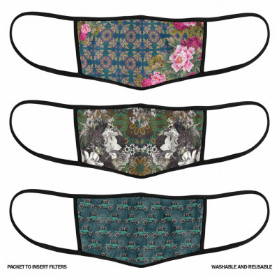 3 Layer Printed Protective Face Mask - Pack of 3 (Green-Vintage Car-Grey Brown)(#1709)-gallery-1