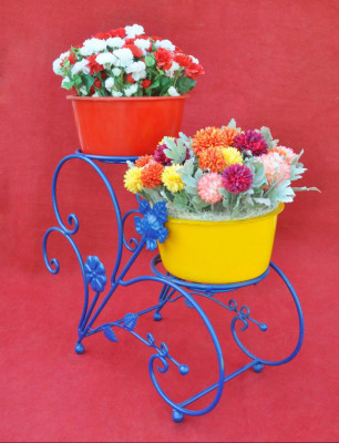 Blue Floral Intricate Elegant Planter Stand 2 Shelves(#1751)-gallery-0