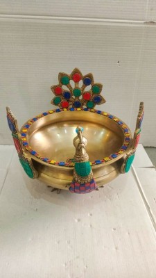 Brass Peacock Urli Bowl with Stone(#2335)-gallery-1