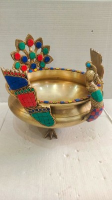 Brass Peacock Urli Bowl with Stone(#2335)-gallery-2