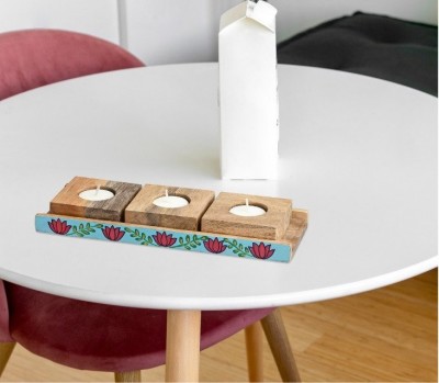 Marvy melodies Mango Wood T-Light Candle holder (3 Nos) with Stand(#2642)-gallery-2
