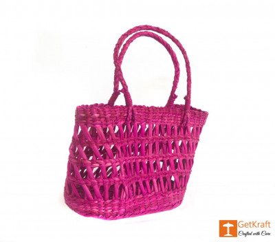 Natural Straw Handmade Purple Medium Sized Basket(#381)-gallery-1