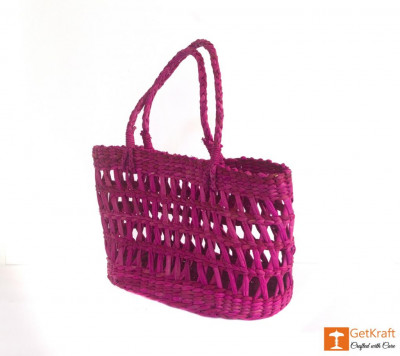 Natural Straw Handmade Purple Medium Sized Basket(#381)-gallery-2