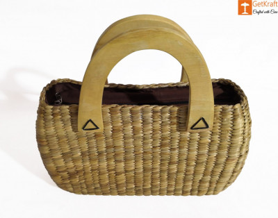 Natural Straw Oval Shaped Handbag with wooden handle(#436)-gallery-1