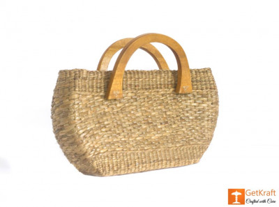 Natural Straw Oval Shaped Handbag with wooden handle(#436)-gallery-2