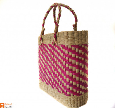 Large Natural Straw Handbag with patterned design in Pink color(#588)-gallery-1