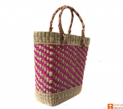 Large Natural Straw Handbag with patterned design in Pink color(#588)-gallery-2